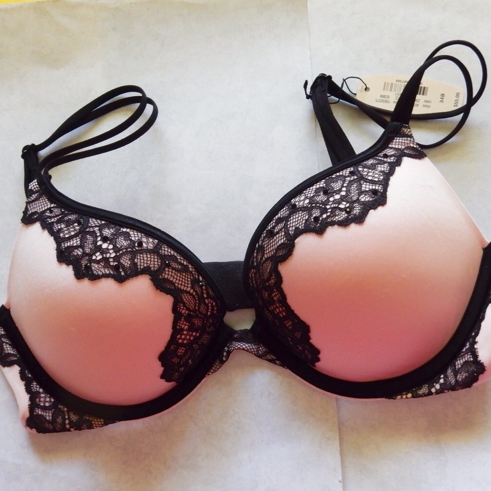 Pale Pink Push Up Bra w Black Lace & Rhinestones